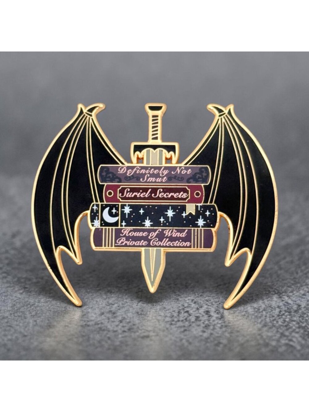 Rare Inspired Bookstack Large Enamel Pin w/Sword & Bat Wings by No One Designs